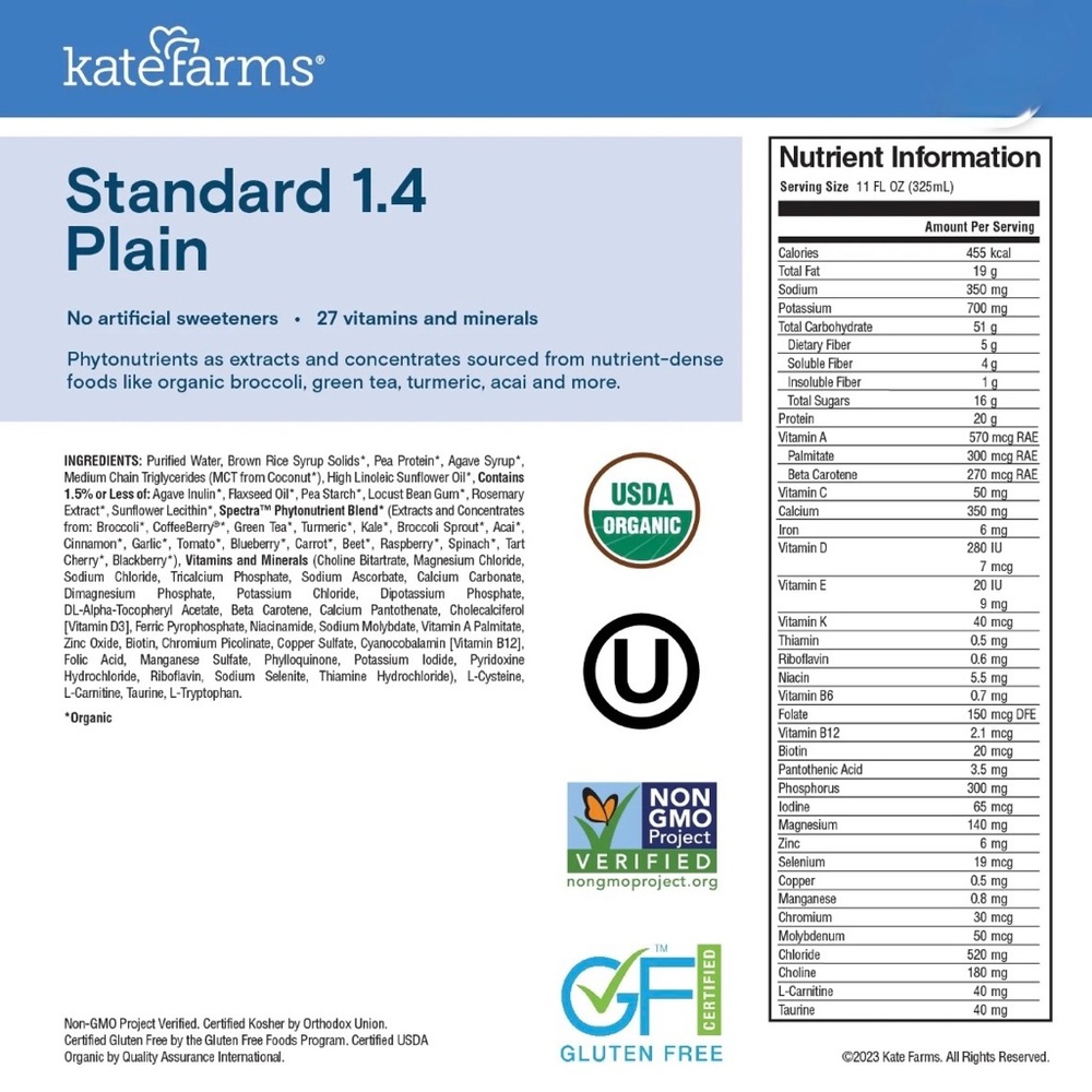 New! Kate Farms 1.4 Standard Nutrition Formula - Plain, VANILLA Case of 12 - Picture 7 of 12